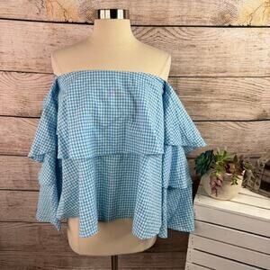 NWT MLM‎ Label Mesa Shoulder Top Gingham Blue White Ruffle Layered Size Small